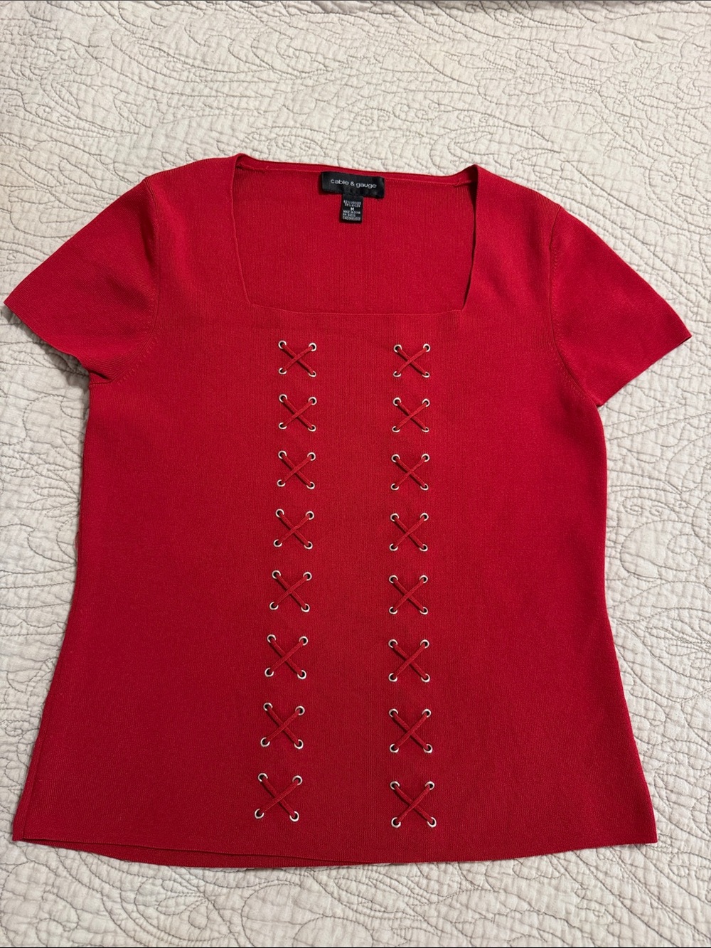 Cable & Gauge Red Square-Neck Short Sleeve faux Lace-Up Knit Top